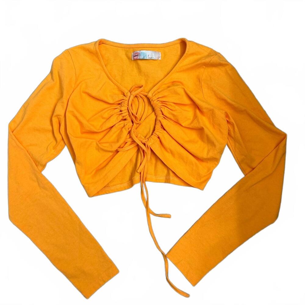Free People FP Beach Orange Cotton Long Sleeve Cut Out Crop Top- Size Small